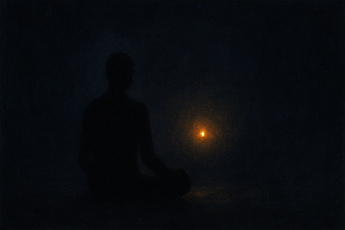 A figure seated in meditation before a single point of light in the dark